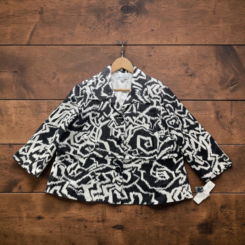 NEW Pendleton Womens XL Black White Ikat Abstract Linen Rayon Floral Jacket